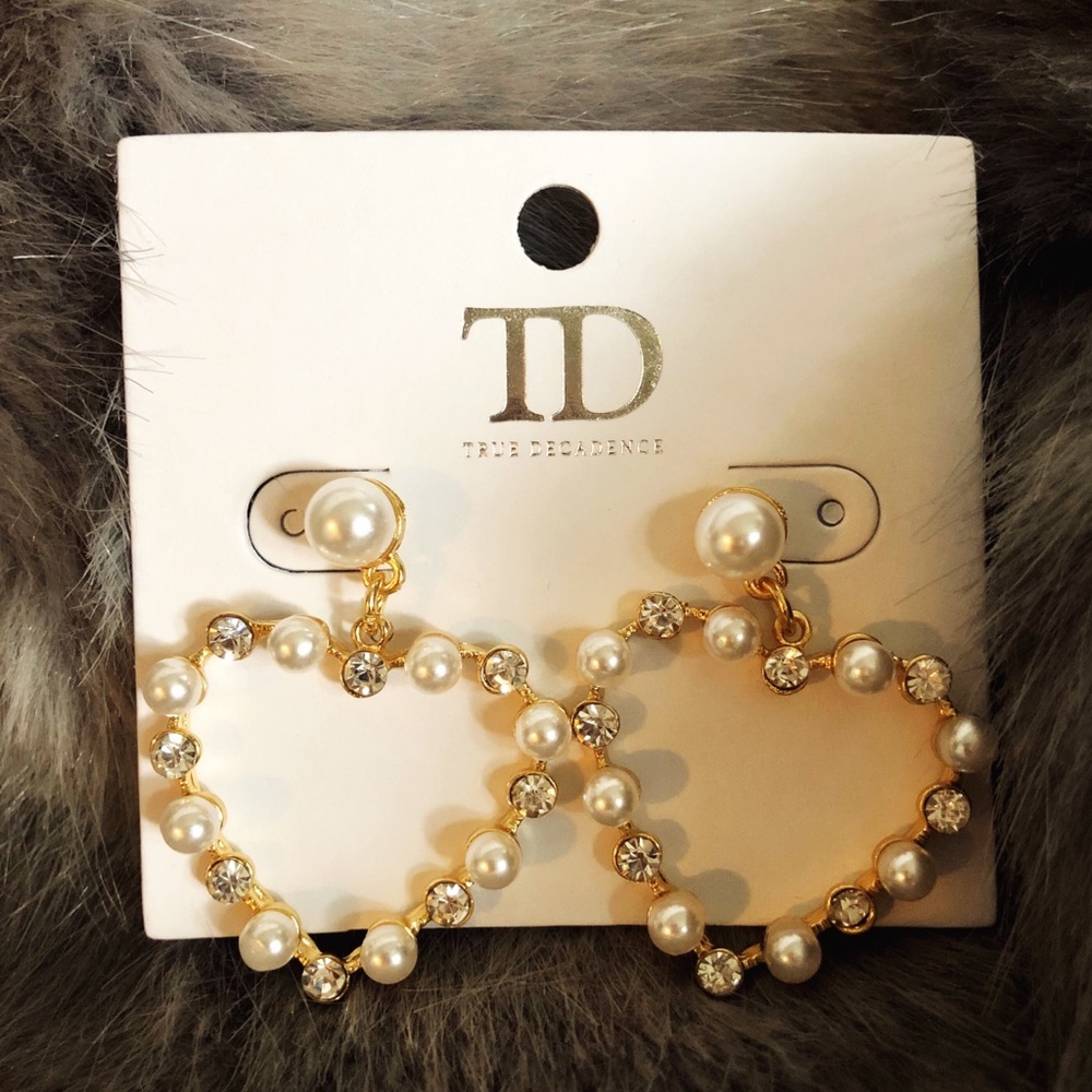 Pearl and crystal heart shaped drop earrings